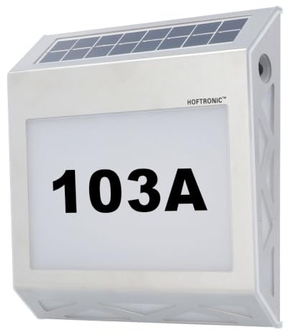 HOFTRONIC Numa - Huisnummer met Verlichting 8 LEDs - Solar huisnummer verlichting incl. Schemerschakelaar RVS - Zilver, 2700K Warmwit IP65 Watericht - buitenlamp voordeur