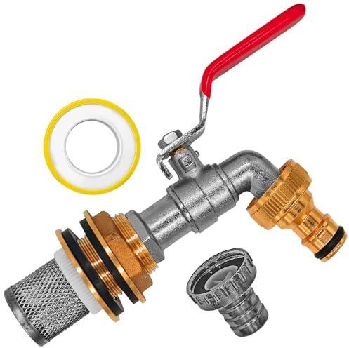 MegaHaustechnik Regentonnenverschraubung für 34mm Lochdurchmesser aus Messing, Filterkorb Edelstahl, Auslaufhahn Schlauchtülle Außendurchmesser 26mm, Stecker passend für Gardena, inkl. Dichtband