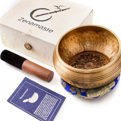 Zenamaste • Tibetische Klangschale, Meditation, handgefertigt in Bhaktapur (Nepal) – 450 g ø 11,5 cm – Zen-Box – Nepalesisches Papier – Kissen Klangschale (Antike Chakra) – Holzhammer