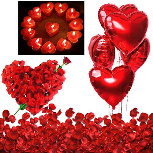 Romantische Kerzen Rote Teelichter und Rosenblätter, Romantisch Deko Set, Teelichter Herzform, Seide Rote Rosenblüten, Herzförmige Folienballons