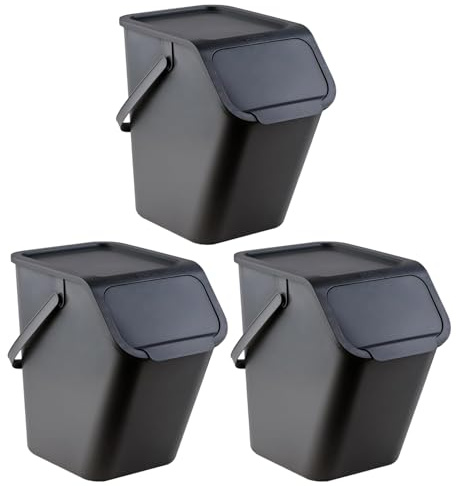 Go Practic Küchen Mülleimer 3x 25L Schwarz mit Deckel, für Gemischte Abfälle, Mülltrennsystem für Recycling, Abfallbehälter zur Trennung, Click-Funktion, Kunststoff Abfallbehälter zur Mülltrennung