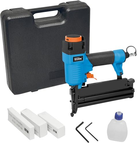 Güde Druckluft-Klammergerät/Nagler 3in1 - Anschlussgewinde IG 1/4, 4 - 7,5 bar Pressdruck, 5 Zentimeter max. Nagellänge, inklusive Klammern und Nägel, Sicherheitsschlagsperre, Tragekoffer