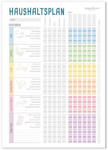 paper&you® Haushaltsplan Block A4 "Rainbow" Putzplan für Familien oder WGs, 50 Blatt - alle helfen mit den Haushalt zu organisieren - klimafreundlich & nachhaltig