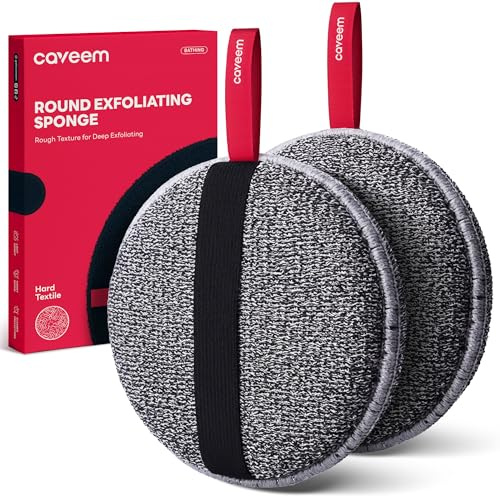Caveem Peeling-Körperschrubber, extra rauer Dusch-Peeling-Schwamm, Körperpeeling-Schwämme zum Entfernen abgestorbener Haut, Bade- und Körperpeeling-Puffer, runder Schwamm für Frauen (2 Stück)