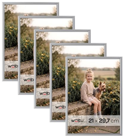 WOLTU Bilderrahmen A4, 5er set, Kunststoff Fotorahmen mit Passepartout | Silber, Posterrahmen New Lifestyle für Poster, Fotos, bruchsichere PS-Platte, aufhängbar u. aufstellbar, Collage-Wanddeko