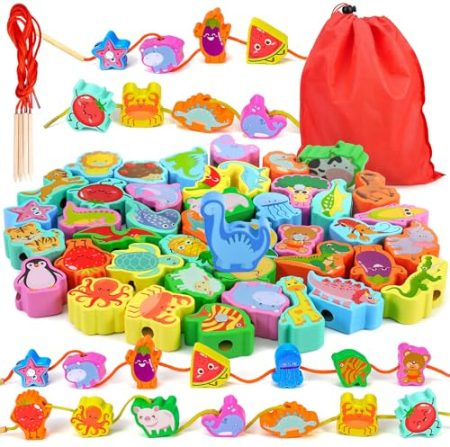 Ophy 48 STK Fädelspiel 6 Themen ab 2 3 4 5 6 Jahre für Kinder Holzperlen, Motorikspielzeug Geschenk für Kinder Lernspielzeug Holzspielzeug und Geburtstag Einfädeln Spielzeug ab 3 Jahre 4Seasons