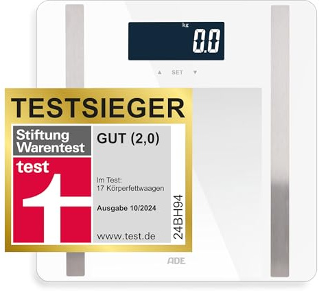 ADE Digitale Körperfettwaage Ines bis 200 kg | Testsieger 2024 | Personenwaage mit Körperfettanalyse, BMI, Muskelmasse, Körperwasser, Gewicht, BMR | Körperwaage mit Benutzererkennung | weiß