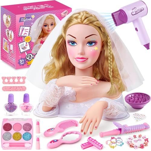 vamei Braut Schminkpuppe Frisierkopf Kinder, Schminkkopf Spielzeug Set | Haartrockner, Schminke, Nagelaufkleber, Haarstyling Zubehör & Kopf mit Schleier, Stylingkopf Geschenk für Mädchen 3+ Jahren