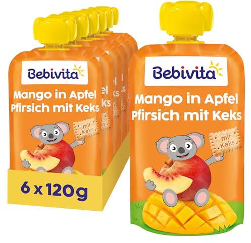 Bebivita Mango in Apfel Pfirsich mit Keks Quetschie (6 x 120g), ohne Zuckerzusatz, aus milden Früchten und wertvollem Getreide, ideal für unterwegs und selbständiges Snacken