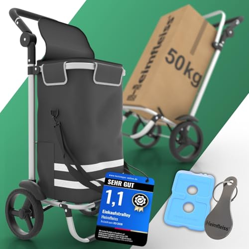 Heimfleiss® Trolley Einkaufstrolley 56L Hackenporsche - Kühlfach | Grau | Shopping Trolley mit Kühlfach & Kühlpad | Einkaufstasche mit Rollen | 3-in-1 als Sackkarre & Tragetasche, bis 50kg