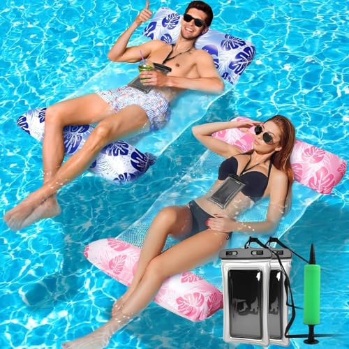 Wasserhängematte Erwachsene 2 Wasser Hängematte mit Netz 4 In 1 Luftmatratze Pool Luftmatratze Netz Wasserliege mit 2 wasserdichte Handyhülle Pool Hängematte Erwachsene