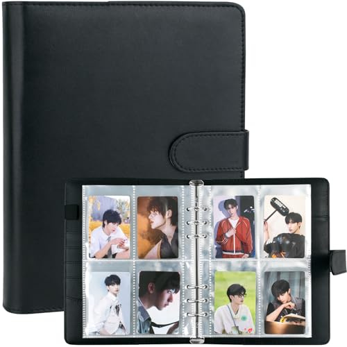 A5 Kpop Photocard Binder, 6 Ring Binder Album mit 200 Kartenfächern, PU Leder Bindereinband mit Magnetverschluss für die Organisation von Sammelkarten (Schwarz)