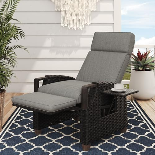 Grand patio Relaxliege Liegesessel mit Sitzkissen Armlehnensessel Verstellbare Rückenlehne Rattan Sonnenliege für Innen, Außeneinsatz, Dunkelgrau -Dunkel Grau Sitzkissen & Braun Rattan