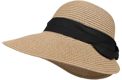 Feelorna Damen Strohhut, UV-Schutz Strohhut mit Breite Krempe Atmungsaktiv Strandhut Faltbarer Sommerhut für Reise Urlaub (DE/NL/SE/PL, Alphanumerisch, Einheitsgröße, Braun)