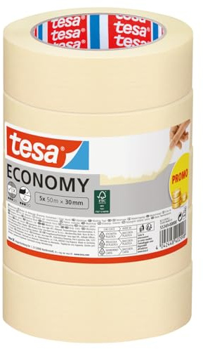 tesa Malerband ECONOMY - vielseitiges Malerkrepp für Malerarbeiten ohne Lösungsmittel - bis zu 4 Tage nach Gebrauch rückstandslos entfernbar, 5 Rollen Klebeband - 50 m x 30 mm