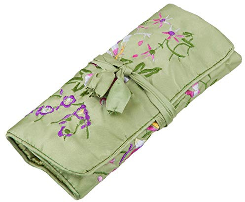 KYEYGWO Stickerei Reise Schmuckrolle mit Blumen und Vogel Stickerei, Chinesischer Schmuck Organizer Tragbare Rollenbeutel Schmucktasche für Halsketten Ring Armband Aufbewahrung, Grün
