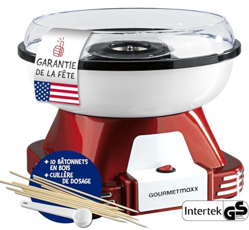 GOURMETmaxx Zuckerwattemaschine für Zuhause mit Zubehör | Retro Cotton Candy Machine Nostalgie mit Zuckerwatte-Stäbchen und Mess-Löffel | Zuckerwatte für Kinder Party [Rot Weiß]