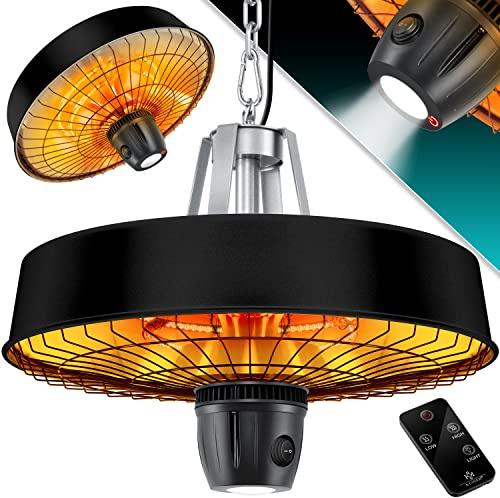 KESSER® Deckenheizstrahler Heizpilz Infrarot-Heizstrahler 2500W Terrassenstrahler mit Fernbedienung Quarzstrahler | LED Licht | Decke | Infrarotstrahler | mit Kette + Karabinerhaken Carbon-Heizelement