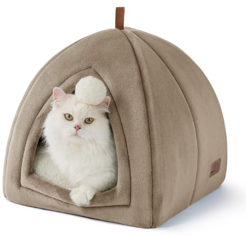 Bedsure Katzenhöhle große Katzen Kamel - Faltbare Katzenbett, 40x40cm | Geschlossenes faltbares Haustierbett mit herausnehmbarem waschbarem Kissen, Dunkelgrau