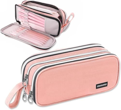 COLOCASTLE Federmäppchen Mäppchen Federmappe groß mit 3 Fächern Federtasche Mädchen Jungen Teenager Pencil Case Schlamppermäppchen für Schule Büro (Rosa)
