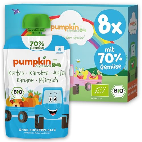 Pumpkin Organics Bio Gemüse-Quetschie mit Kürbis und Pfirsich 8x100g | Bio Gemüse-Quetschie mit 70% Gemüse und weniger Fruchtzucker, ohne Zuckerzusatz¹, ab 6 Monaten; Beikost- bis Schulsnack