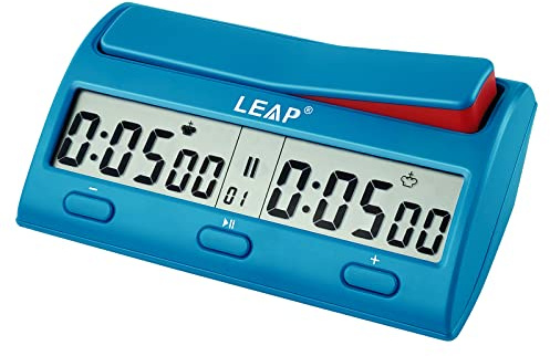 LEAP Digitale Schachuhr mit 7 Zeitarten 38 Modi für Schachbrettspiele Blau | Inklusive Einzel- oder Mehrfachzeitraum-Countdown, eingeschränkten Zügen oder Zeitfunktionen