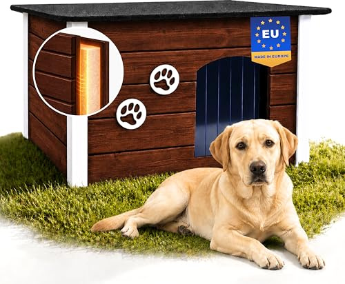 Outentin Hundehütte Outdoor Winterfest - Hundehaus für Große Hund - Isoliert und Wetterfest - Hunde Haus für Draußen mit zum Öffnen Flachdach - Stabile und Moderne Villa - 105 x 71 x 64cm -Nuss