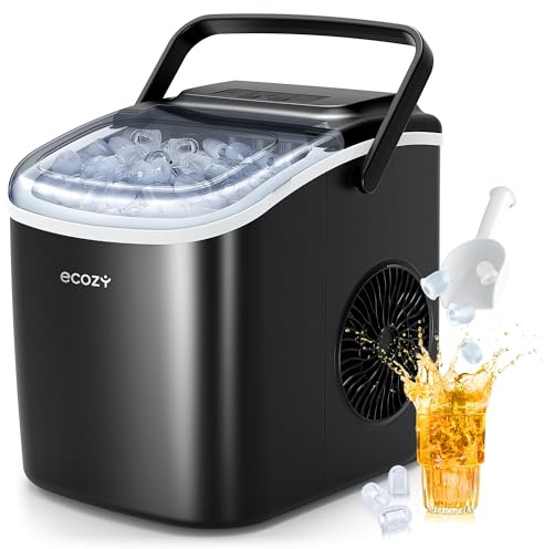 ecozy Eiswürfelmaschine Klein, 2 Eiswürfel Größen, 12 KG/24H | 9 Würfel in 6 Minuten Fertig, Selbstreinigende Ice Maker, Schaufel und Korb für Zuhause, Küche, Büro, Bar, Party, Camping