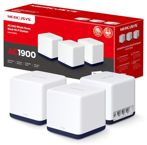Mercusys Halo H1900G Mesh WLAN Set (3er Pack), AC1900 Dual Band Router & Repeater, 3 x Gigabit Ports für Jede Einheit, empfohlen für Häuser mit 3-5 Schlafzimmern, MERCUSYS App