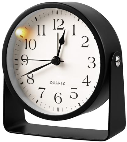 Wecker Analog - Wecker Ohne Ticken mit Nachtlichtfunktion 11.5x10.5cm, Metall Wecker mit 360° Drehbarer, Lauter Alarm Geräuschlos, Batteriebetrieben, Tischuhr für Bürobereich Schlafzimmer Reisen