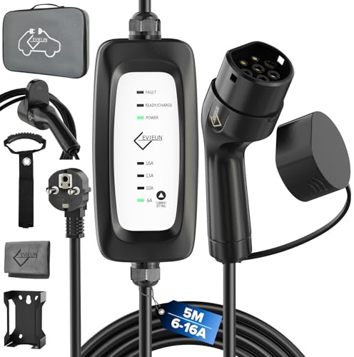 EVIEUN Typ 2 Ladekabel Schuko 3,6kW [1-phasig 5m 6-16A] | EV Ladegerät mit 4-stufig Stromregelung | Ladekabel Elektroauto IEC 62196-2 für ID.3/ID.4, Model 3/Y, ZOE, Q3/Q5 u.a. (EV/PHEV)