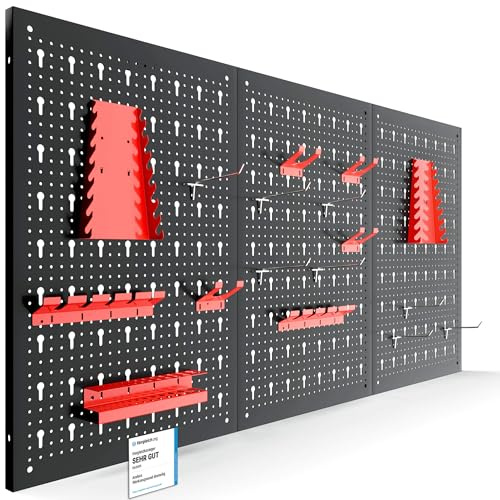 Arebos Werkzeugwand 3-teilige Lochwand Werkstatt | 117,6 x 59,5 x 2 cm | 17-teiliges Hakenset & Halterungen | Werkzeuglochwand aus Metall für Werkstatteinrichtung | Montagematerial | Rot