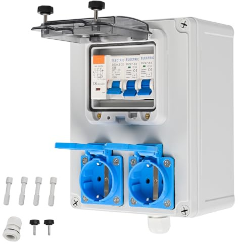 TEOV Baustromverteiler Vorverkabelt, 2x 230V Schuko-Steckdosen 16A, Wandverteiler mit 1x FI-Schalter 25A + 2x LS-Schalter 16A, IP67 Wasserdicht ABS Gehäuse für Innen & Außen Baustelle Werkstatt Haus