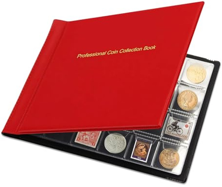Münzalbum mit 240 Fächern - Münzsammelbuch mit 240 Seiten - Aufbewahrungsbox für Münzsammlungen Banknoten, Briefmarken, Abzeichen und Münzen (Red)