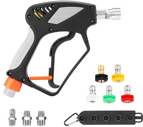 PWACCS Hochdruckreiniger-Pistole mit Drehgelenk, kurze Pistole mit 3/8-Zoll-Schnellkupplung, M22 14 mm/15 mm Fassung, 5 Hochdruckreiniger-Düsenspitzen mit Halter, 5000 PSI, Schwarz