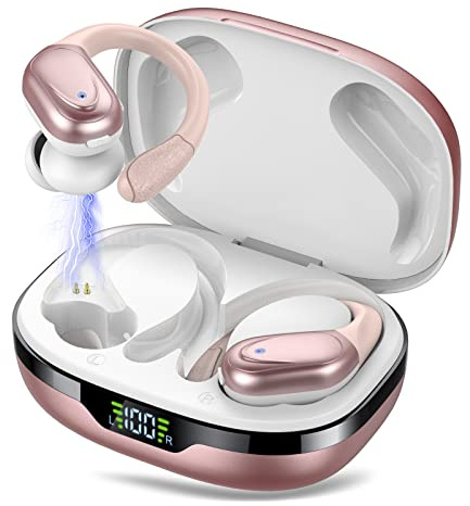 CASCHO Bluetooth Kopfhörer Sport, Kopfhörer Kabellos Bluetooth 5.3, 60 Std Kabellose Kopfhörer mit Tiefer Bass, In Ear Kopfhörer mit 4 ENC Klarer Mic, IPX7 wasserdichte Ohrhörer mit Ohrhaken Roségold