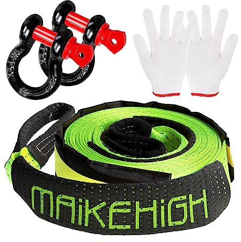 MAIKEHIGH Abschleppseil 5M x 5cm, 10 Tonnen (22,000 Lbs) Tow Rope Kit | Für Off-Road Recovery mit 2 Verstärkten Haken, 2 Handschuhen für Auto, LKW (Grün)