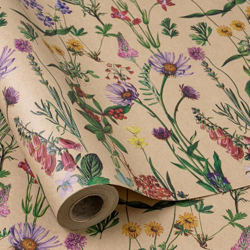 RUSPEPA Kraft-Geschenkpapierrolle – Minirolle – Wildblumendesign, ideal für Geburtstage, Partys, Babypartys – 43,2 cm x 10 m