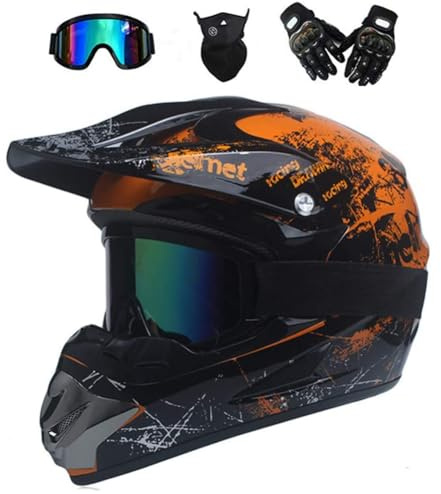 UIGJIOG Motorradhelm,Motocross Helm,Helm Kinder,Helmets Kinder-Cross-Helm, Road Helm mit Handschuhe Maske Brille, ATV Helm,Orange,L(56~57cm)