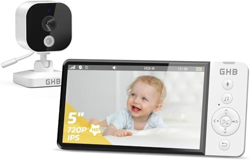 GHB Babyphone mit Kamera 5 Zoll 720P HD 5000mAh IPS-Display VOX-Modus 4X Zoom Nachtsicht Gegensprechen Temperaturanzeige Nicht drehbar