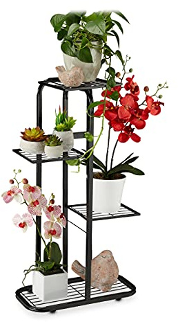 Relaxdays Blumentreppe Metall, 4-stufige Blumenetagere, schwarz | draußen & drinnen, HBT 81 x 44 x 24,5 cm, Pflanzenregal