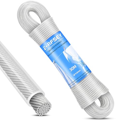 30m Wäscheleine mit Stahlkern Draußen,Schwerlast Extra Starke Wäscheleinen mit Einer Tragfähigkeit von 120kg,Rostfrei und Wasserdicht Wäschelseil für Garden (4mm)