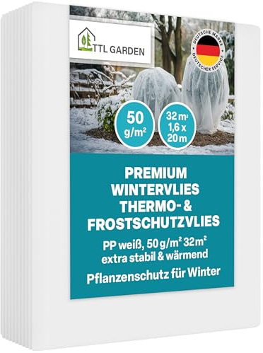 TTL GARDEN 50g/m² Wintervlies 32m² 1,6m x 20m weiß Frostschutz Thermovlies | / Gartenvlies Winterschutz für Pflanzen außen – Pflanzenvlies Pflanzenschutz Winter Kübel & Hochbeet - bei Regen Wind Frost