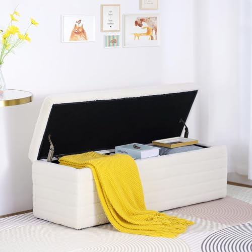 LEUTED Sitzbank mit Stauraum, Truhenbank mit Stauraum, Teddystoff Sitzhocker, Sitztruhe mit großem Stauraum Aufbewahrungsbox, Sitzbox für Schlafzimmer Wohnzimmer Weiß (118x40x40 cm)