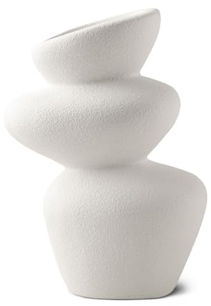 PEUZ Steinturm Vase aus Keramik – Skulpturale Keramikvase mit rauer Steinstruktur, für Trockenblumen, Pampasgras, frische Blumen oder als Dekoobjekt, handgefertigt, matt weiß, ca. 20 cm