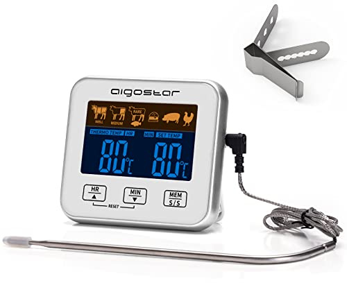 Aigostar Elliott - Fleischthermometer, Bratenthermometer, Digitales Küchenthermometer mit Zeitmesser für Smoker, LCD-Hinterleuchtung, Grillthermometer mit Alarmfunktion, schnelle und genaue Messungen.