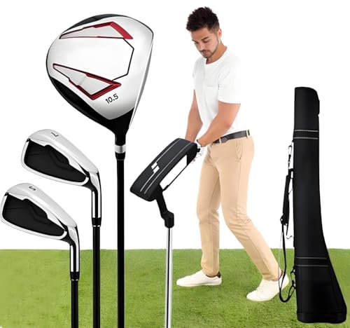 Golfschläger-Komplettset, Golf-Herren-Rechtshänder-Schlägerset, 4-teilig, inklusive Titan-Golfschläger, Eisen 7/S, 1 Fairwayhölzer und Putter, mit Golftasche, für Herren-Golfspieler A