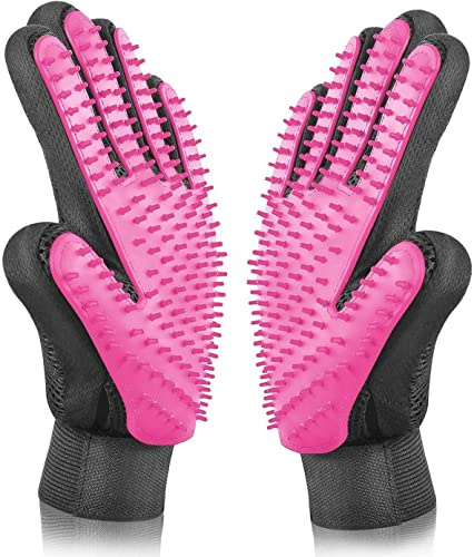 BYETOO Haustier Fellpflegehandschuh für Hunde, Katzen und Pferde, Katzenhandschuh für Deshedding, Baden und Massieren, Katzen Massagehandschuh mit 261 Spitzen für langes/Kurzes Haar, Rosa - 1 Paar