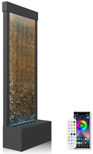 LONGRUN Gartenbrunnen Groß, Zimmerbrunnen Wasserfall mit RGB LED Beleuchtung, 45,5x20x123cm Edelstahl Moderne Zierbrunnen Wasserfall mit Pumpe, Schwarz mit Bronzespiegel