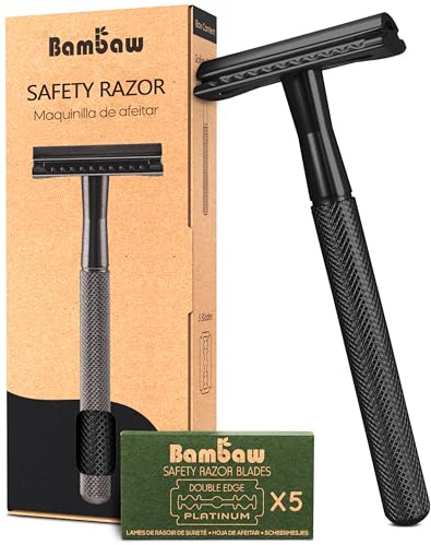 Bambaw Rasierhobel Herren und Damen mit 5 Rasierklingen, Rasierhobel Metall, Hobel Rasierer Ohne Plastik, Eco, Metall, Zero Waste Safety Razor, Schwarz